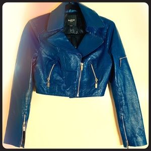 Royal blue leather cropped zipper jacket